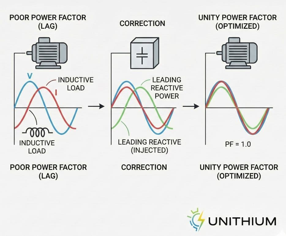 Power triangle showing Real, Reactive, and Apparent power vectors