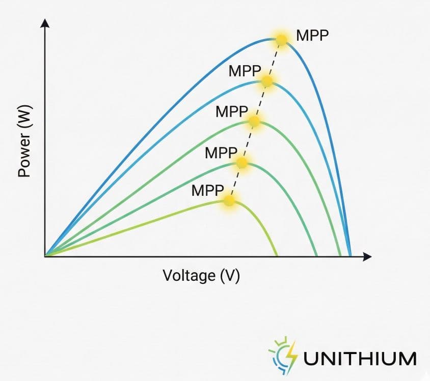 Solar P-V curve showing the Maximum Power Point under different irradiance levels